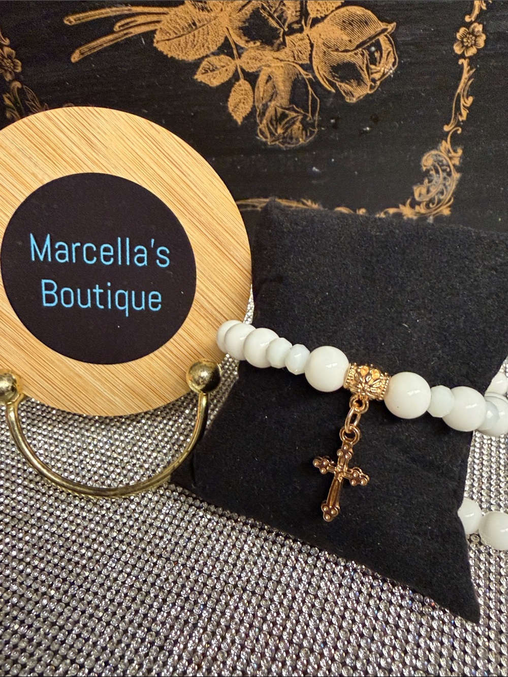 White Beaded Bracelet with Gold Cross Charm